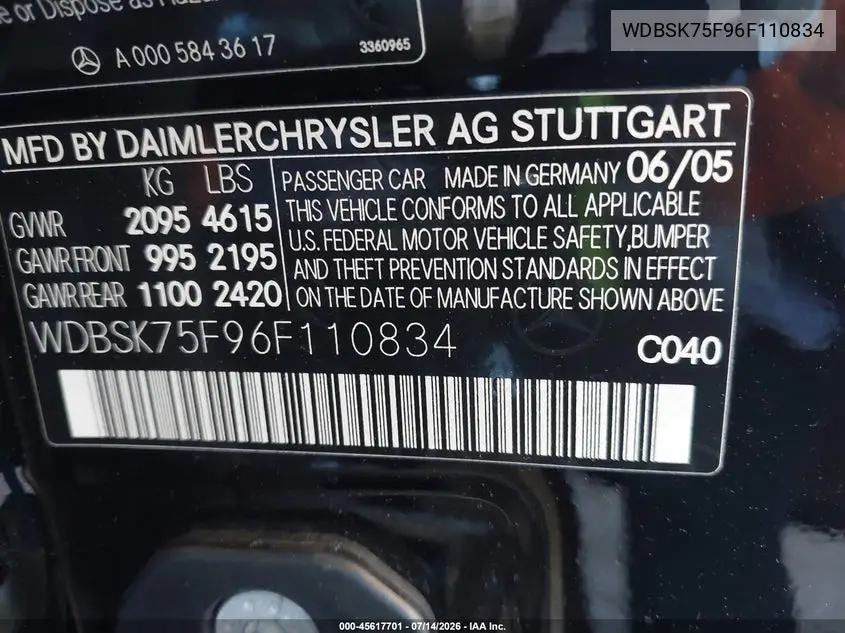 2006 Mercedes-Benz Sl 500 VIN: WDBSK75F96F110834 Lot: 45617701
