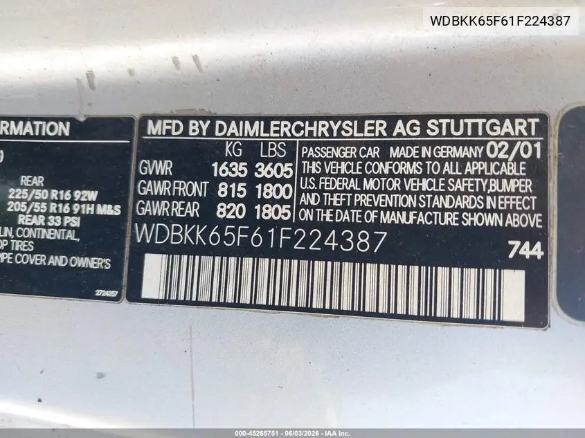 2001 Mercedes-Benz Slk 320 VIN: WDBKK65F61F224387 Lot: 45265751