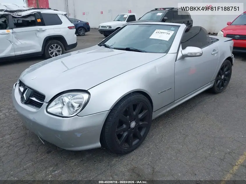 2001 Mercedes-Benz Slk 230 Kompressor VIN: WDBKK49F81F188751 Lot: 45289716