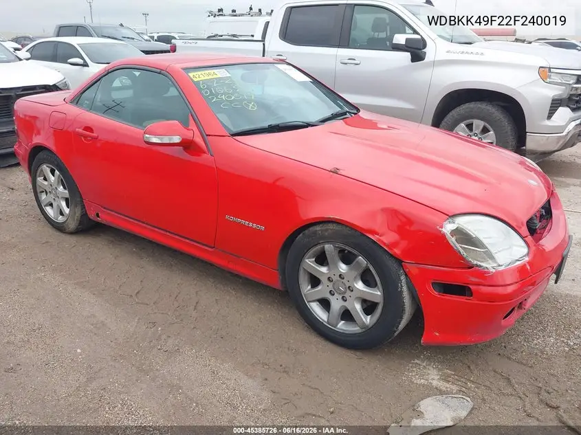 2002 Mercedes-Benz Slk 230 Kompressor VIN: WDBKK49F22F240019 Lot: 45385726