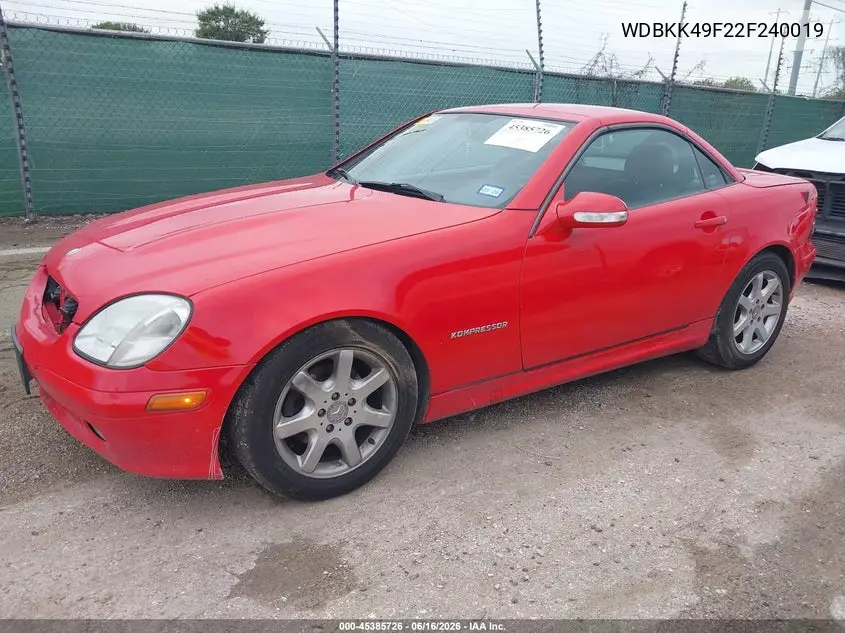 2002 Mercedes-Benz Slk 230 Kompressor VIN: WDBKK49F22F240019 Lot: 45385726
