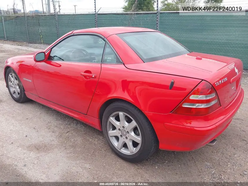 2002 Mercedes-Benz Slk 230 Kompressor VIN: WDBKK49F22F240019 Lot: 45385726