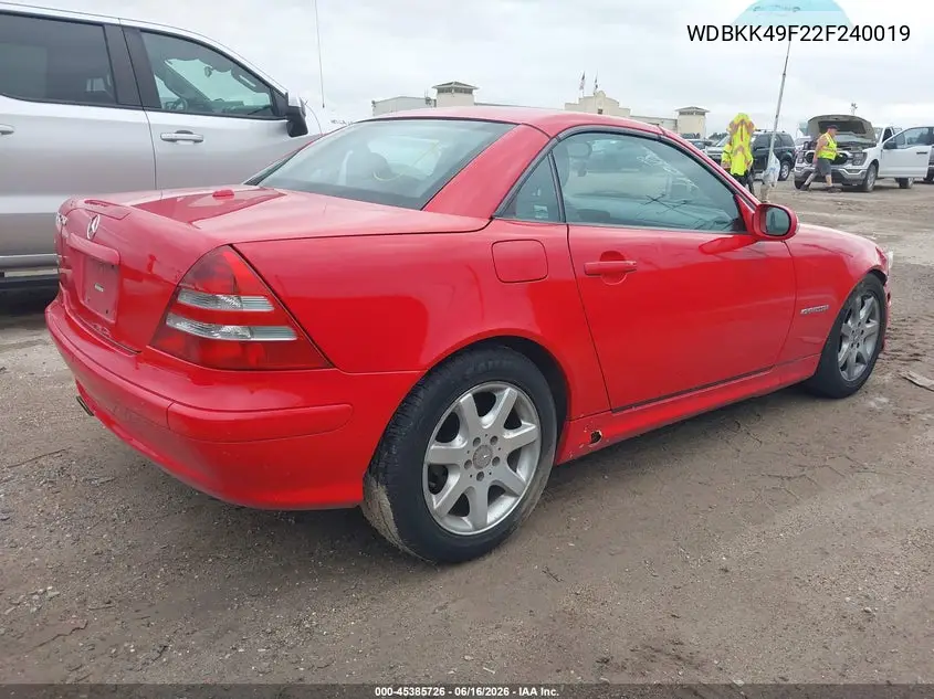 2002 Mercedes-Benz Slk 230 Kompressor VIN: WDBKK49F22F240019 Lot: 45385726