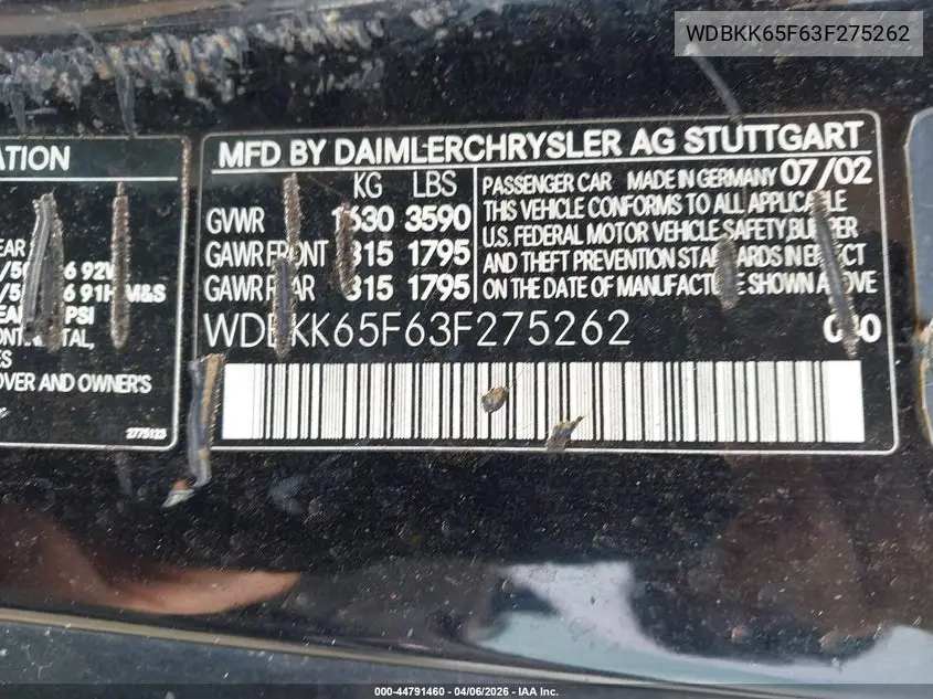 2003 Mercedes-Benz Slk 320 VIN: WDBKK65F63F275262 Lot: 44791460
