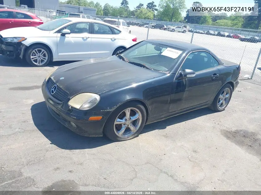 2003 Mercedes-Benz Slk 320 VIN: WDBKK65F43F274191 Lot: 44806926
