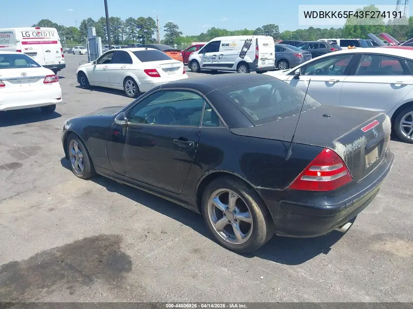 2003 Mercedes-Benz Slk 320 VIN: WDBKK65F43F274191 Lot: 44806926