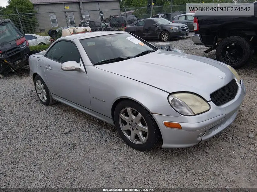 2003 Mercedes-Benz Slk 230 Kompressor VIN: WDBKK49F93F274542 Lot: 45245364