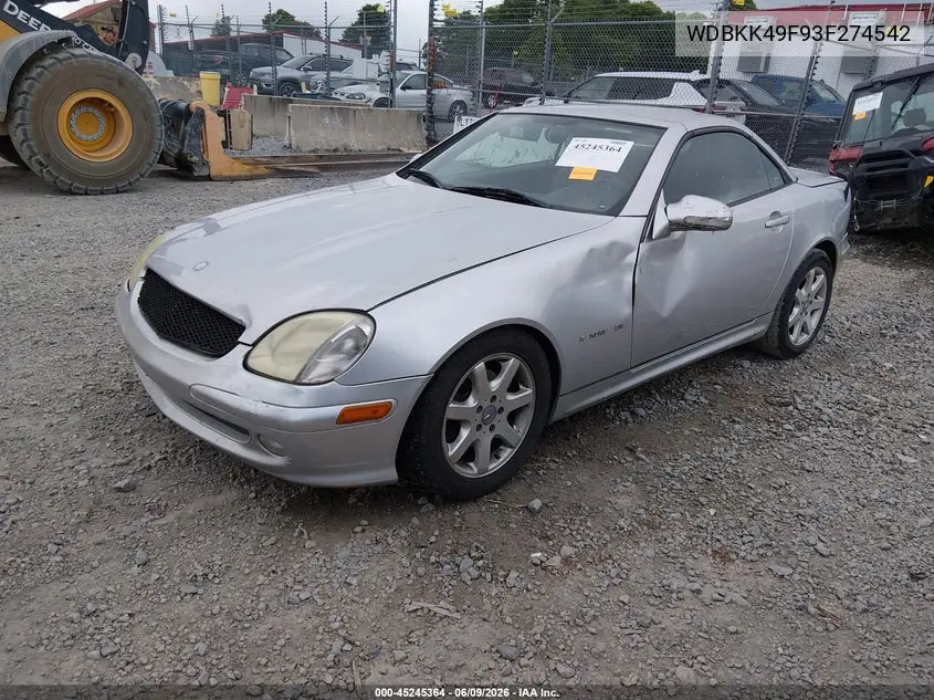 2003 Mercedes-Benz Slk 230 Kompressor VIN: WDBKK49F93F274542 Lot: 45245364