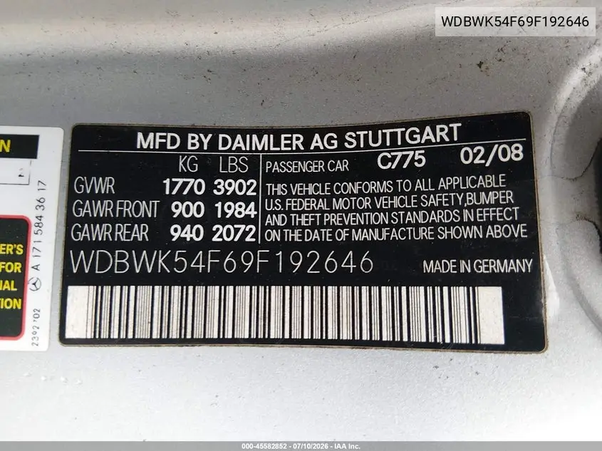 2009 Mercedes-Benz Slk 300 VIN: WDBWK54F69F192646 Lot: 45582852
