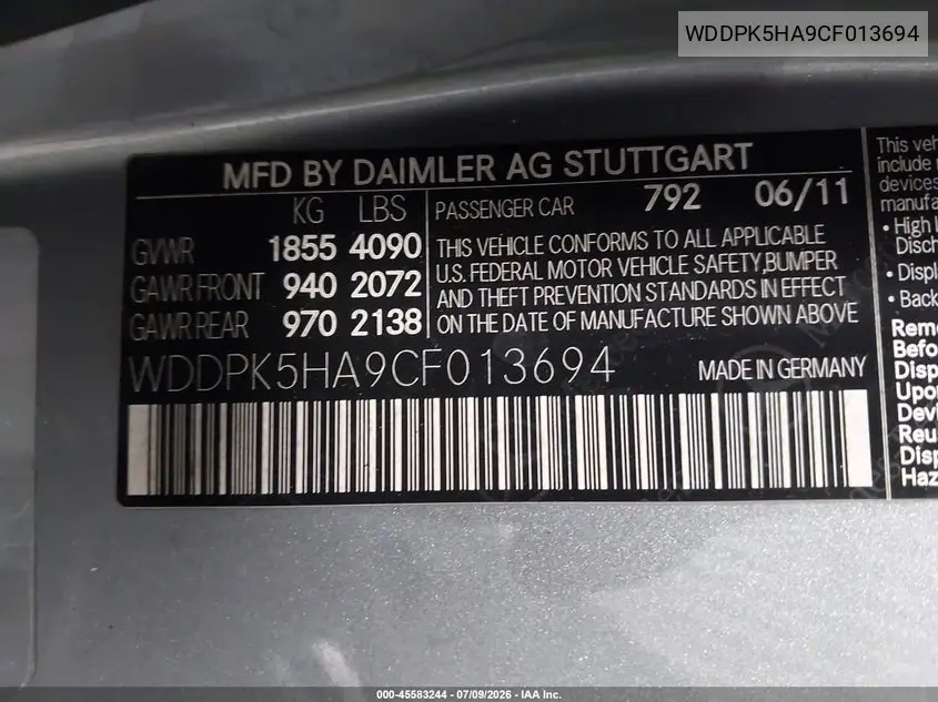 2012 Mercedes-Benz Slk 350 VIN: WDDPK5HA9CF013694 Lot: 45583244