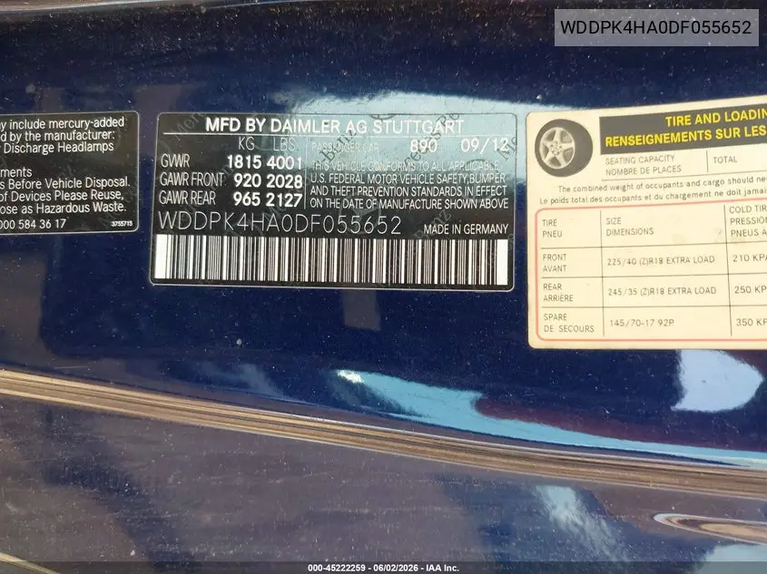 2013 Mercedes-Benz Slk 250 VIN: WDDPK4HA0DF055652 Lot: 45222259