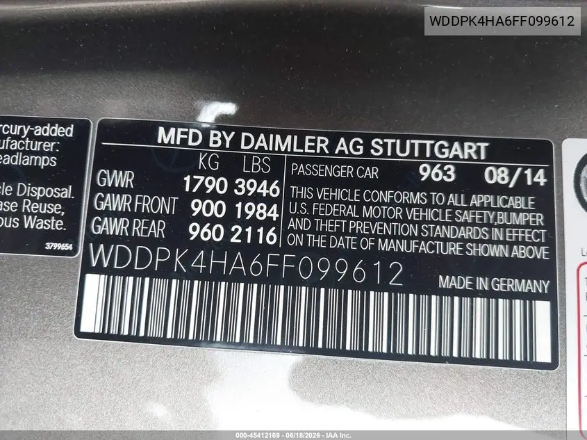 2015 Mercedes-Benz Slk 250 VIN: WDDPK4HA6FF099612 Lot: 45412169