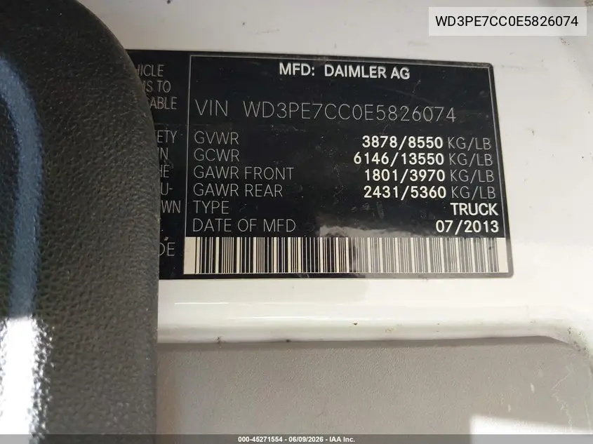 2014 Mercedes-Benz Sprinter 2500 Normal Roof VIN: WD3PE7CC0E5826074 Lot: 45271554