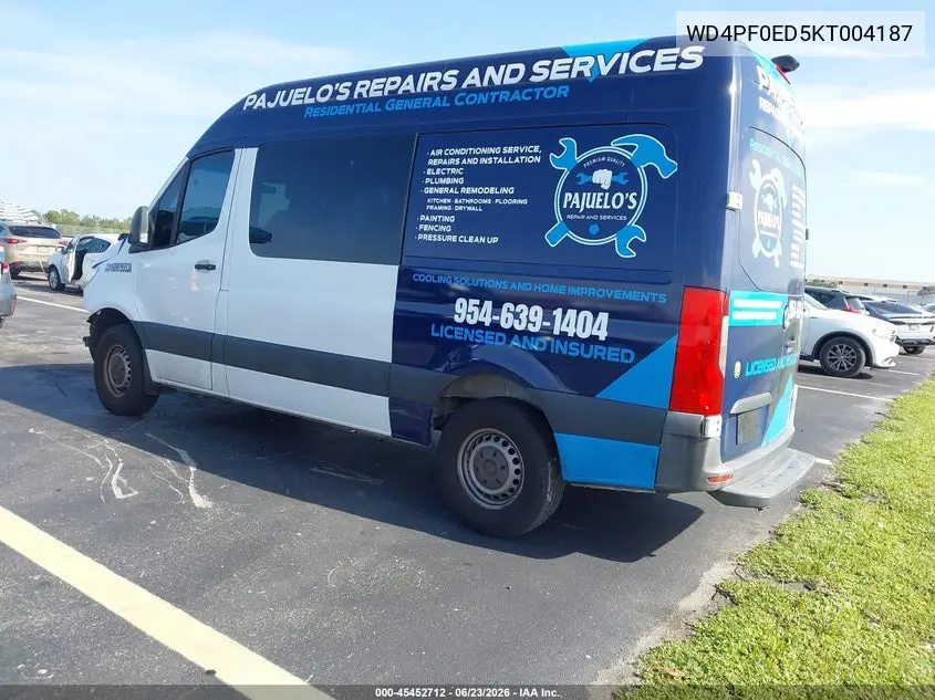 2019 Mercedes-Benz Sprinter 2500 High Roof I4 VIN: WD4PF0ED5KT004187 Lot: 45452712