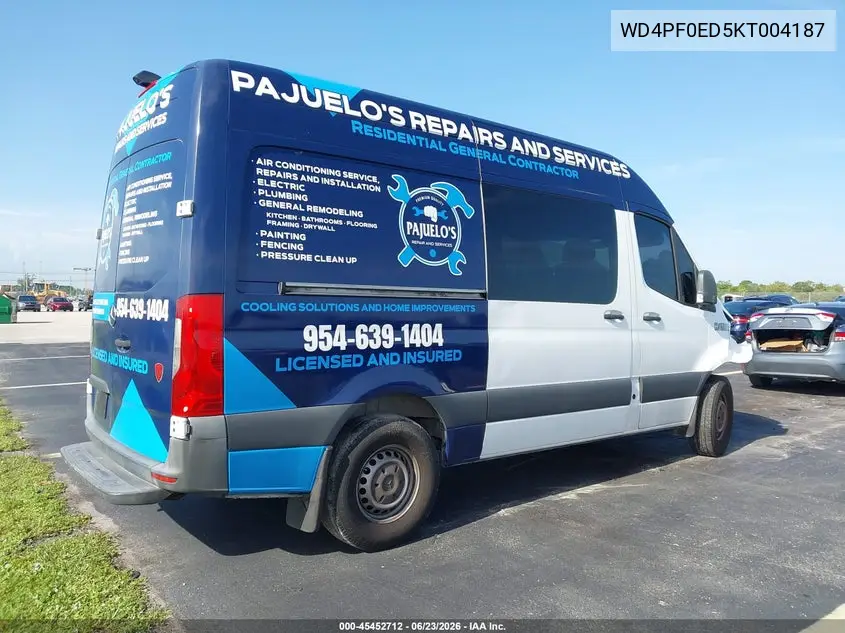 2019 Mercedes-Benz Sprinter 2500 High Roof I4 VIN: WD4PF0ED5KT004187 Lot: 45452712