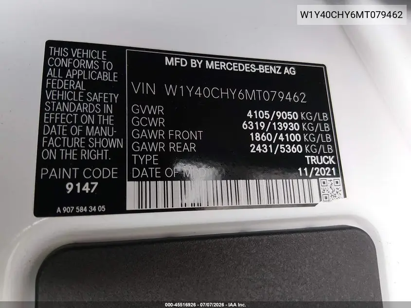 2021 Mercedes-Benz Sprinter 2500 High Roof I4 VIN: W1Y40CHY6MT079462 Lot: 45516926