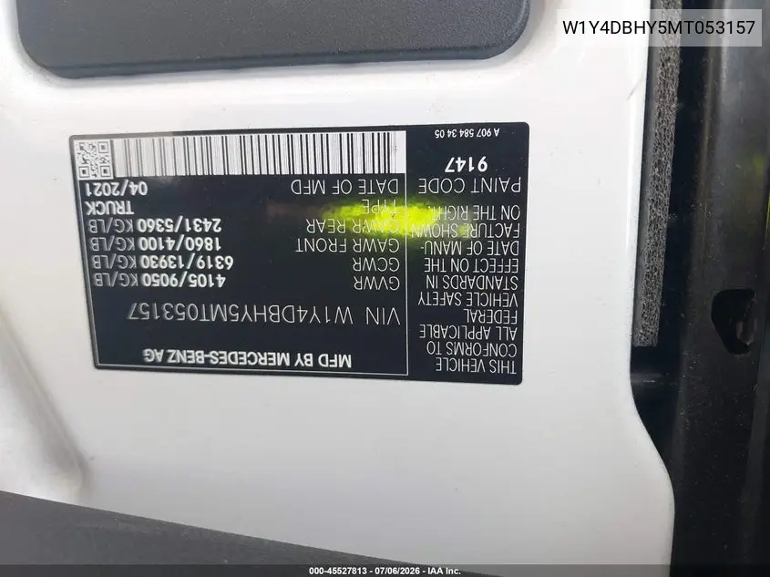 2021 Mercedes-Benz Sprinter 2500 Standard Roof I4 Diesel VIN: W1Y4DBHY5MT053157 Lot: 45527813