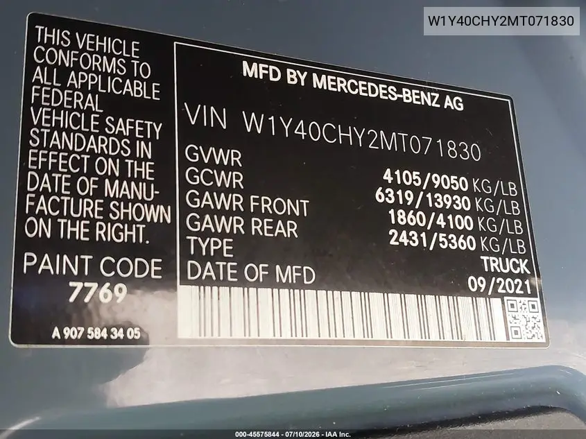 2021 Mercedes-Benz Sprinter 2500 High Roof I4 VIN: W1Y40CHY2MT071830 Lot: 45575844
