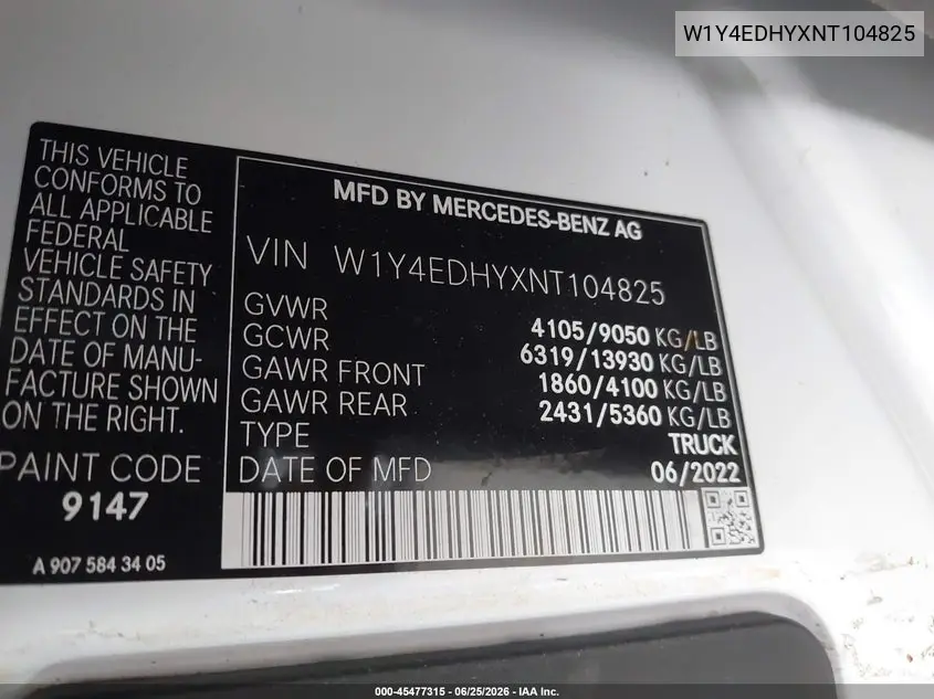 2022 Mercedes-Benz Sprinter 2500 High Roof V6 VIN: W1Y4EDHYXNT104825 Lot: 45477315