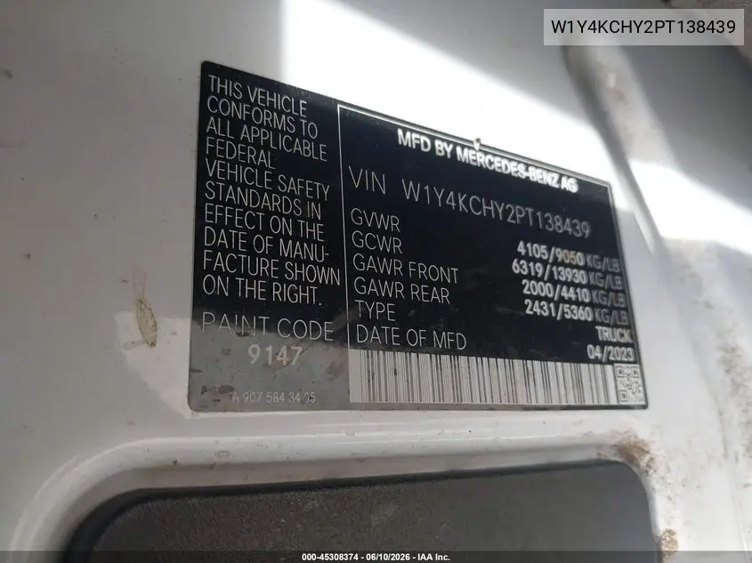 2023 Mercedes-Benz Sprinter 2500 High Roof 4-Cyl Diesel VIN: W1Y4KCHY2PT138439 Lot: 45308374