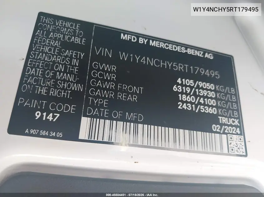 2024 Mercedes-Benz Sprinter 2500 High Roof 4-Cyl Diesel Ho VIN: W1Y4NCHY5RT179495 Lot: 45504451