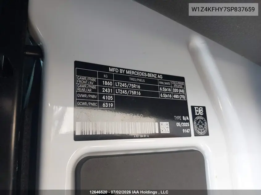 2025 Mercedes-Benz Sprinter 2500 VIN: W1Z4KFHY7SP837659 Lot: 12646520