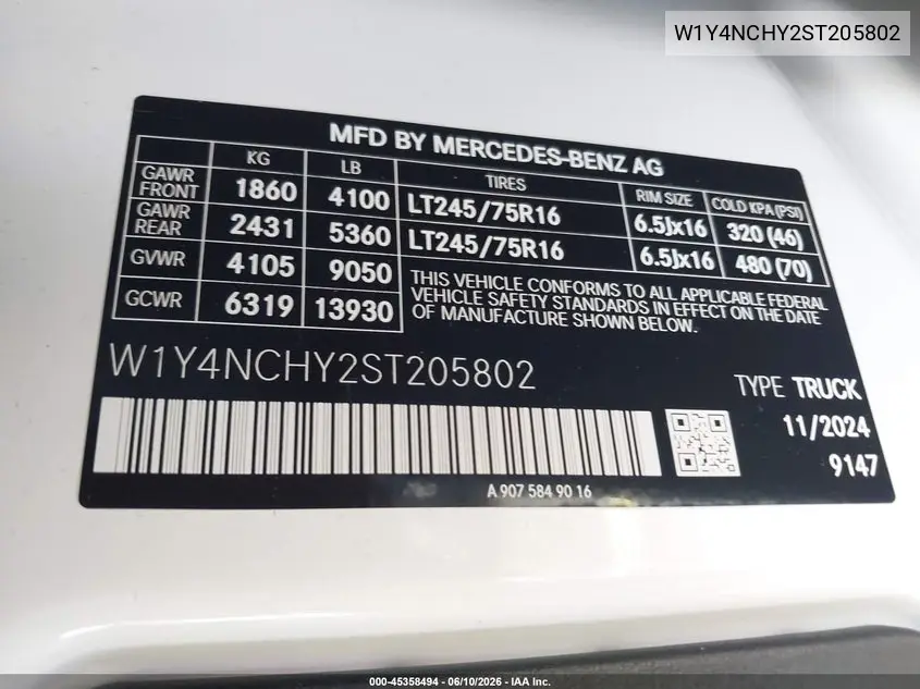 2025 Mercedes-Benz Sprinter 2500 High Roof 4-Cyl Diesel Ho VIN: W1Y4NCHY2ST205802 Lot: 45358494