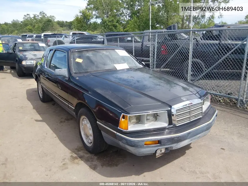 1986 Mercury Cougar VIN: 1MEBP92W6GH689403 Lot: 45366142