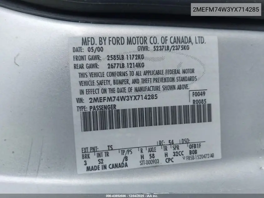 2MEFM74W3YX714285 2000 Mercury Grand Marquis Gs