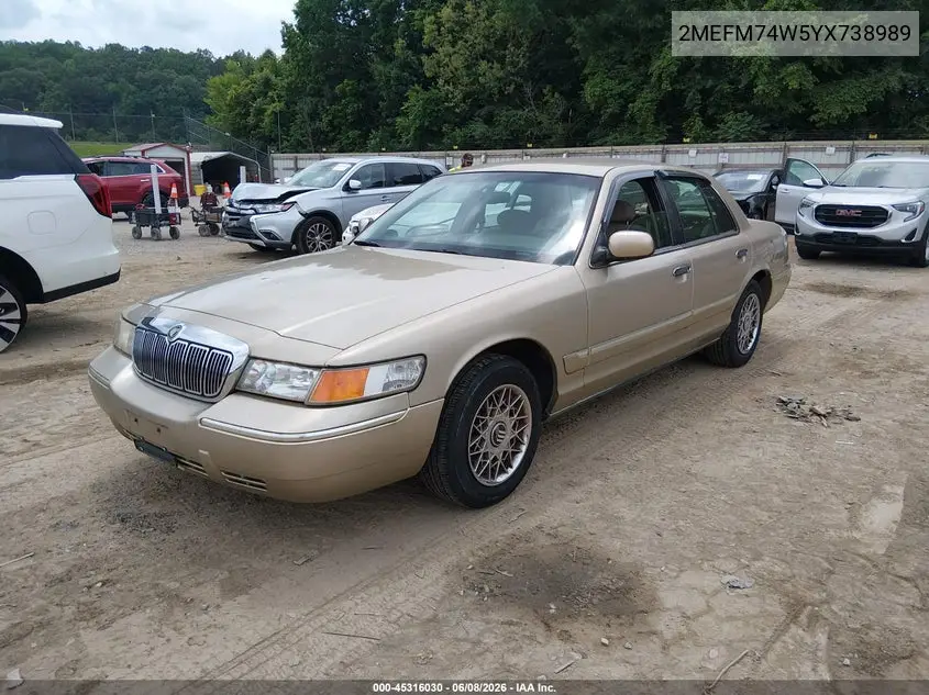 2000 Mercury Grand Marquis Gs VIN: 2MEFM74W5YX738989 Lot: 45316030