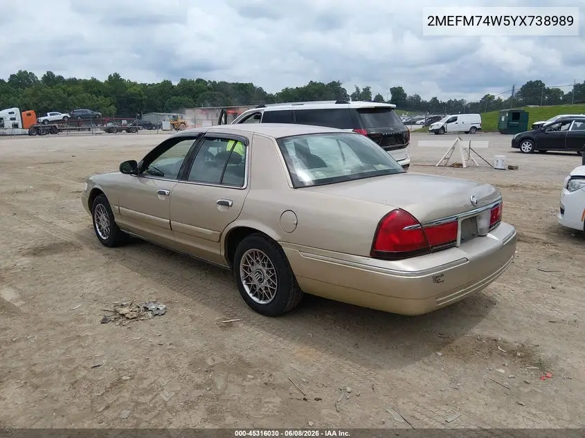 2000 Mercury Grand Marquis Gs VIN: 2MEFM74W5YX738989 Lot: 45316030