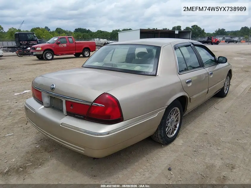 2000 Mercury Grand Marquis Gs VIN: 2MEFM74W5YX738989 Lot: 45316030