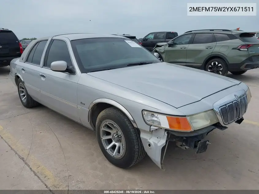2000 Mercury Grand Marquis Ls VIN: 2MEFM75W2YX671511 Lot: 45425245