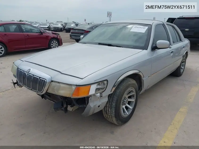 2000 Mercury Grand Marquis Ls VIN: 2MEFM75W2YX671511 Lot: 45425245