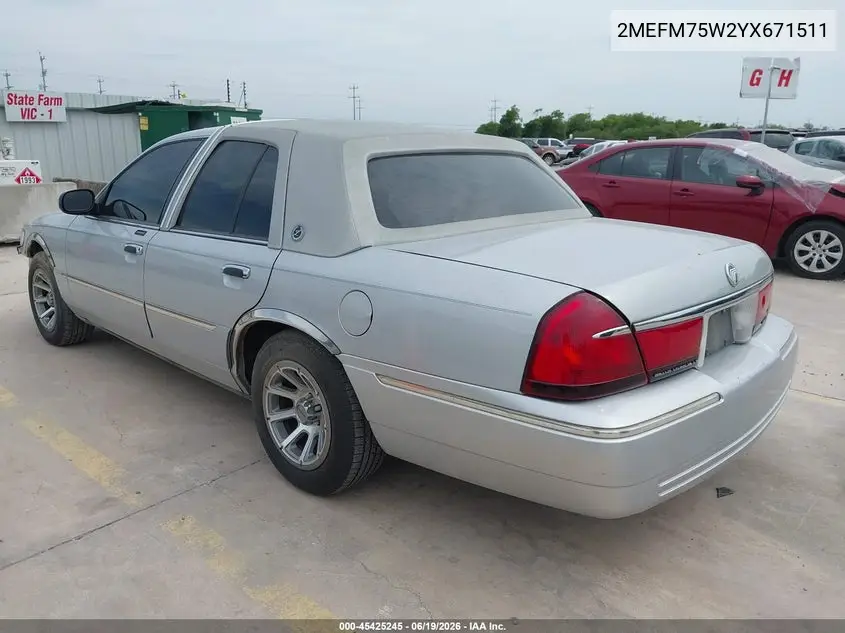 2000 Mercury Grand Marquis Ls VIN: 2MEFM75W2YX671511 Lot: 45425245