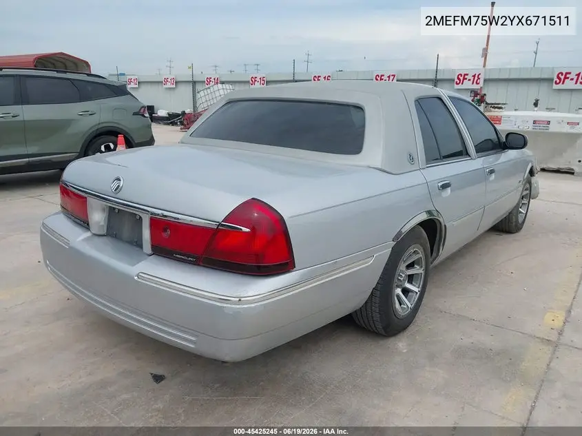 2000 Mercury Grand Marquis Ls VIN: 2MEFM75W2YX671511 Lot: 45425245