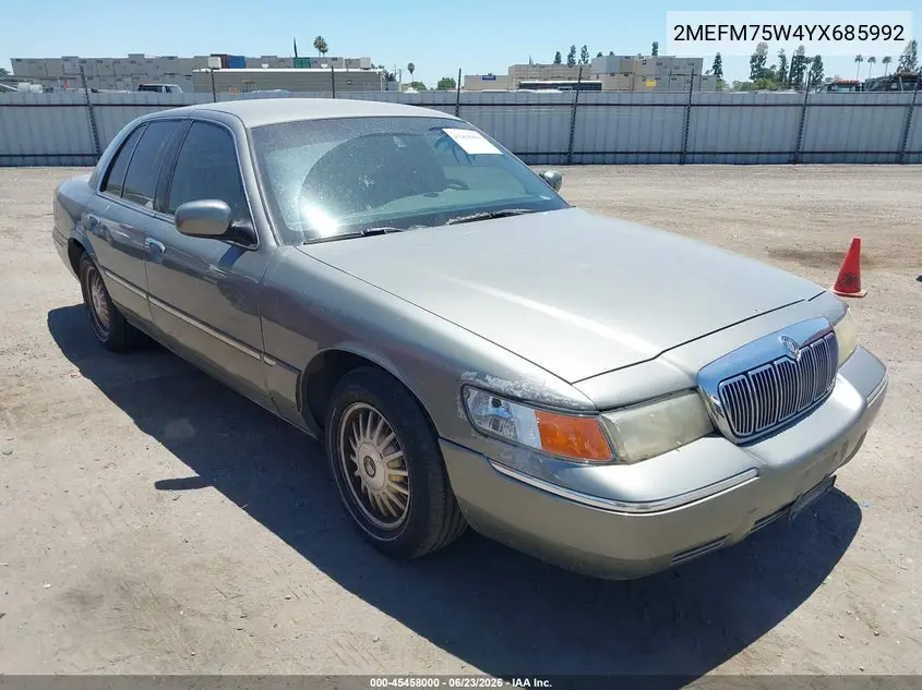2000 Mercury Grand Marquis Ls VIN: 2MEFM75W4YX685992 Lot: 45458000