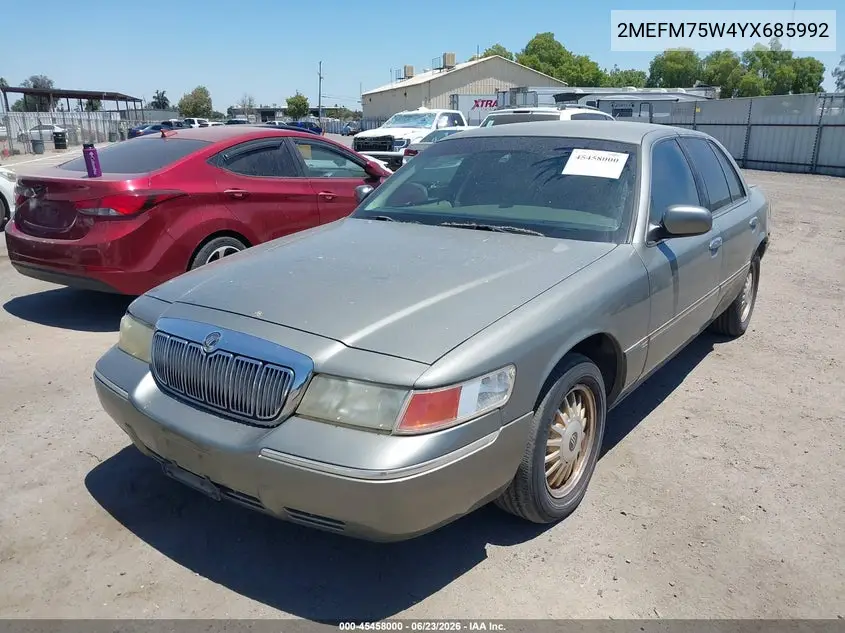 2000 Mercury Grand Marquis Ls VIN: 2MEFM75W4YX685992 Lot: 45458000