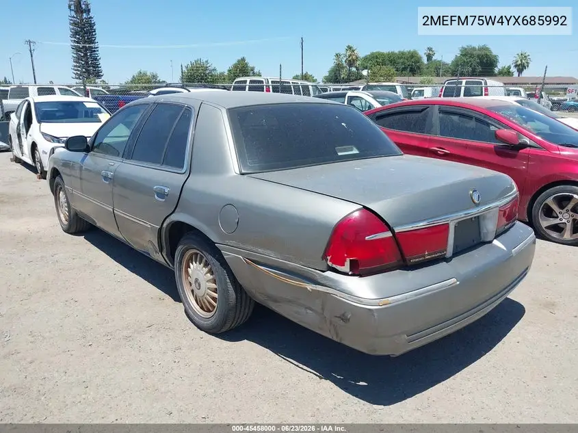 2000 Mercury Grand Marquis Ls VIN: 2MEFM75W4YX685992 Lot: 45458000