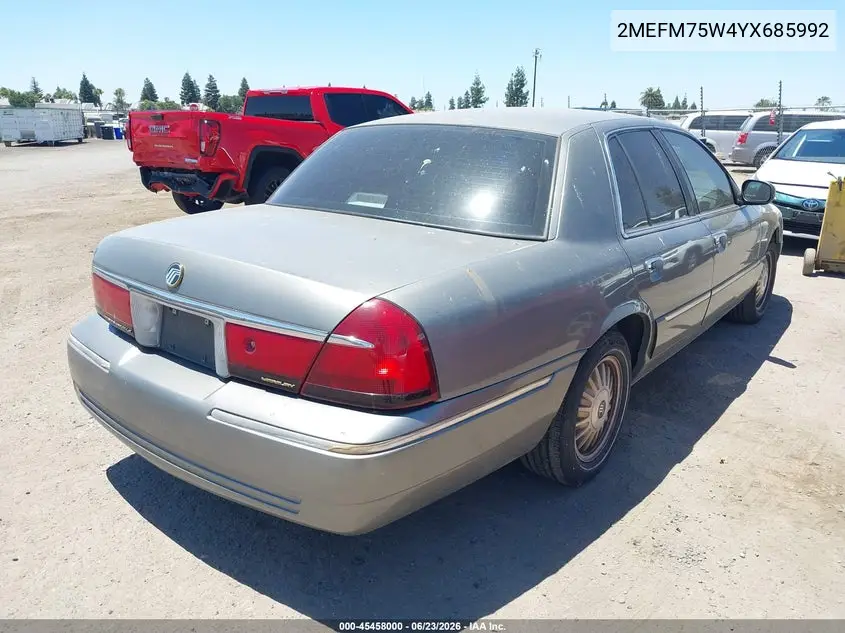 2000 Mercury Grand Marquis Ls VIN: 2MEFM75W4YX685992 Lot: 45458000