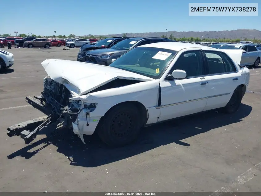 2000 Mercury Grand Marquis Ls VIN: 2MEFM75W7YX738278 Lot: 45534390