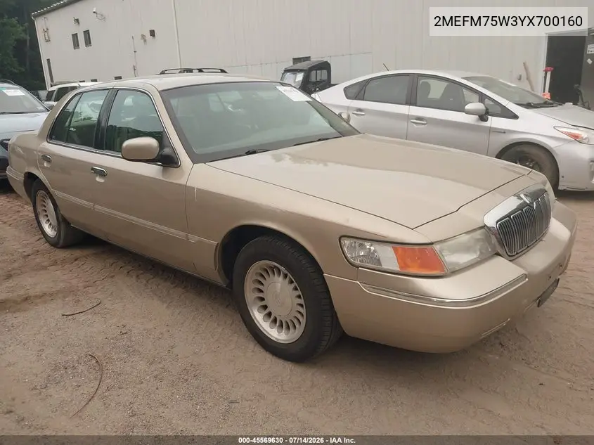 2000 Mercury Grand Marquis Ls VIN: 2MEFM75W3YX700160 Lot: 45569630