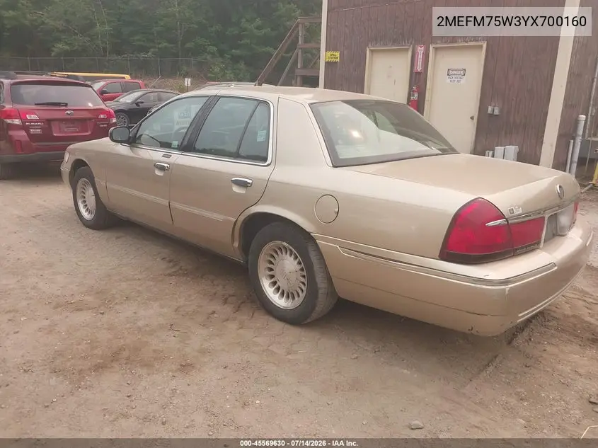 2000 Mercury Grand Marquis Ls VIN: 2MEFM75W3YX700160 Lot: 45569630