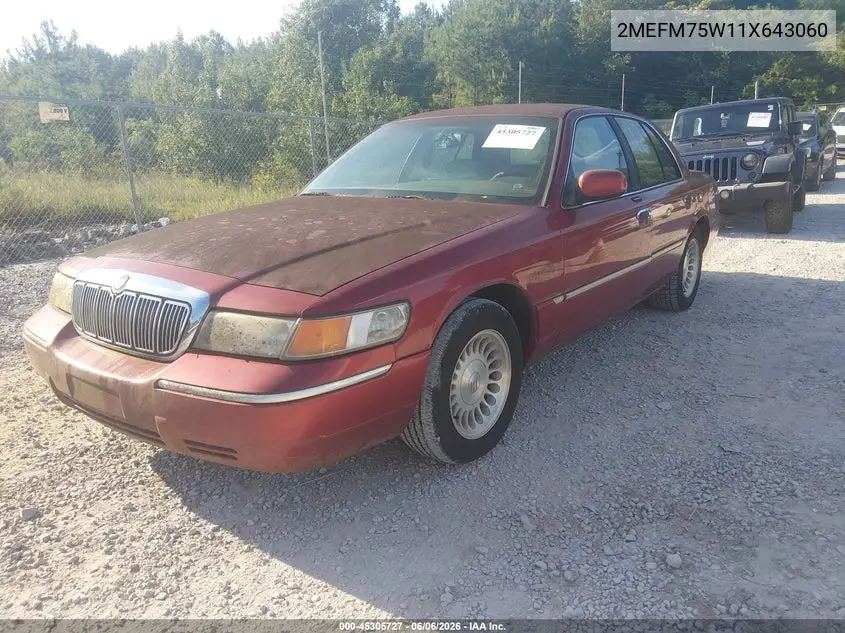 2001 Mercury Grand Marquis Ls VIN: 2MEFM75W11X643060 Lot: 45305727