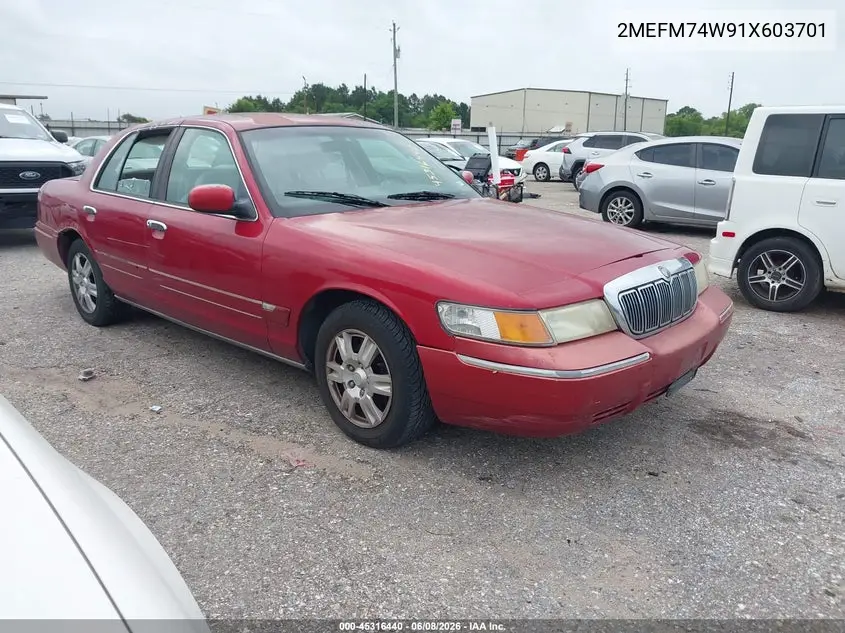2001 Mercury Grand Marquis Gs VIN: 2MEFM74W91X603701 Lot: 45316440