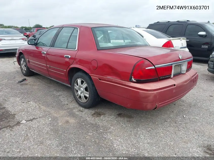 2001 Mercury Grand Marquis Gs VIN: 2MEFM74W91X603701 Lot: 45316440