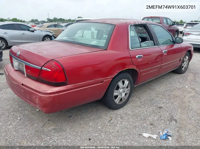 2001 Mercury Grand Marquis Gs VIN: 2MEFM74W91X603701 Lot: 45316440