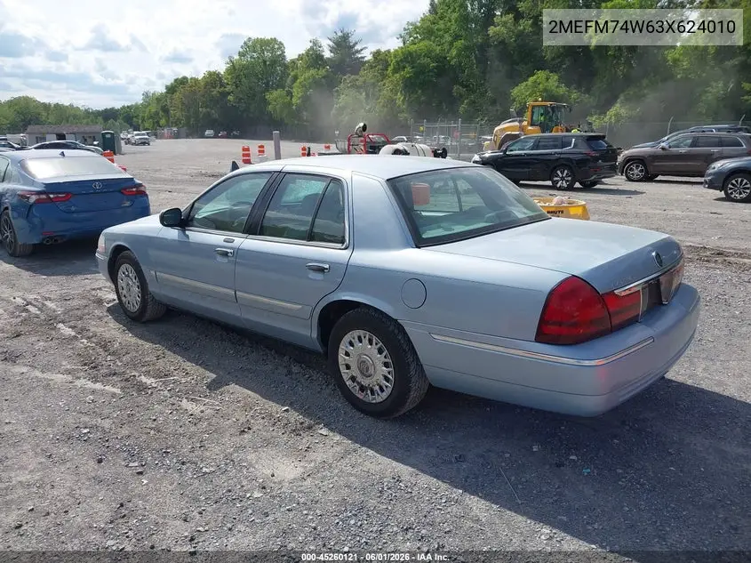 2003 Mercury Grand Marquis Gs VIN: 2MEFM74W63X624010 Lot: 45260121