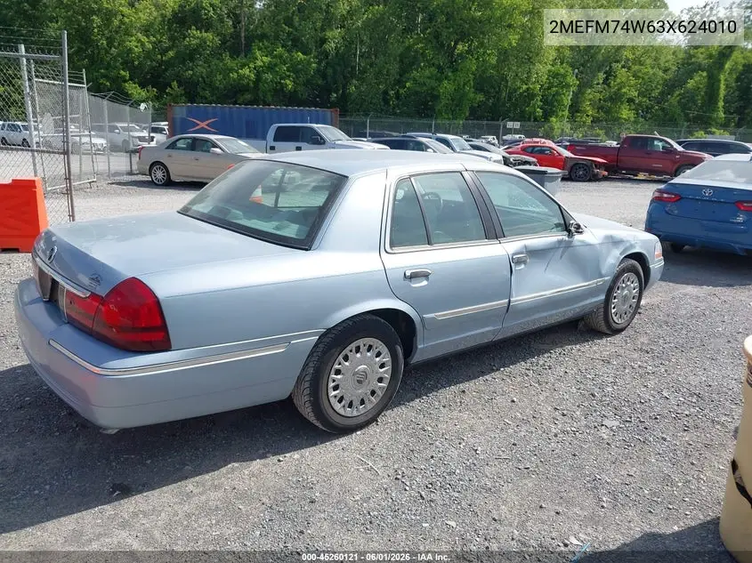 2003 Mercury Grand Marquis Gs VIN: 2MEFM74W63X624010 Lot: 45260121