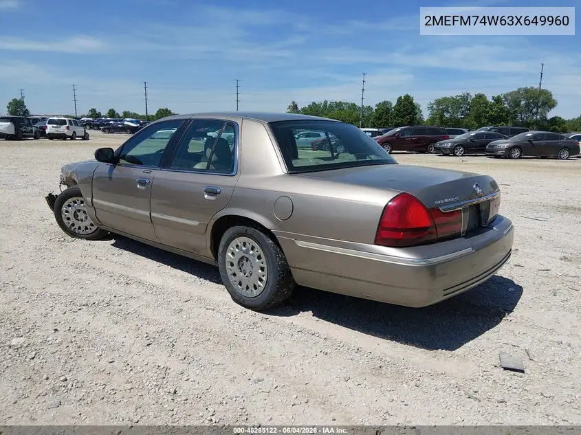 2003 Mercury Grand Marquis Gs VIN: 2MEFM74W63X649960 Lot: 45285122